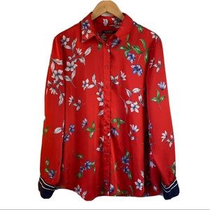 Ralph Lauren blue & green floral-red satin, button down shirt w/ blue cuffs. XL